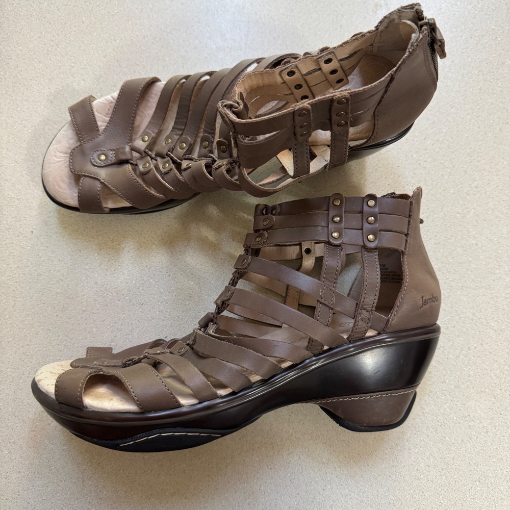 Jambu Sugar Brown Leather Gladiator Wedge Sandals Studded Cage Zip Womens 11M